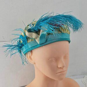 Vintage Kitter Cap Daisy Applique Flowers Turquoise Blue Feathers Beret Hat